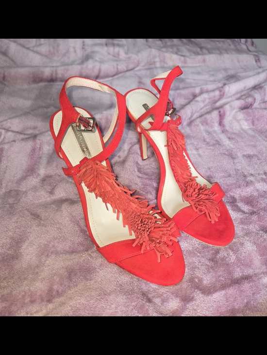 BCBGeneration Shoes - BCBGeneration Red Fringe T-Strap Heeled Sandals